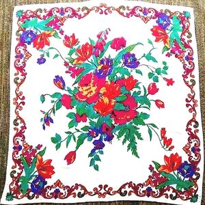 VINTAGE LIZ CLAIBORNE 100% SILK SCARF LOVELY VIBRANT FLORAL LIGHTWEIGHT SQUARE
